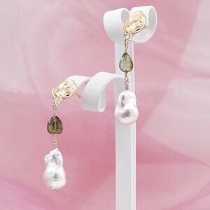 Baroque Pearl & Green Tourmaline Earrings, 14K Gold Filled CZ Hammered Studs